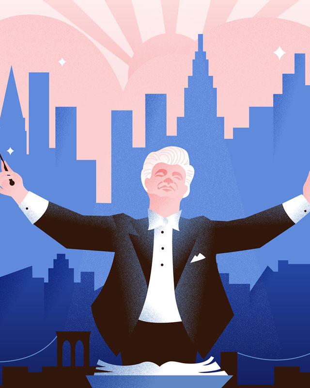 Illustrasjon av Bernstein foran stilisert blå by-skyline
